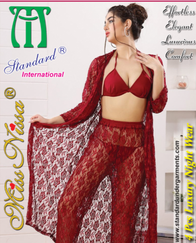 4-Piece Bridal Night Dress Set - Maroon
