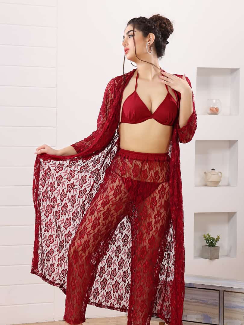 4-Piece Bridal Night Dress Set - Maroon
