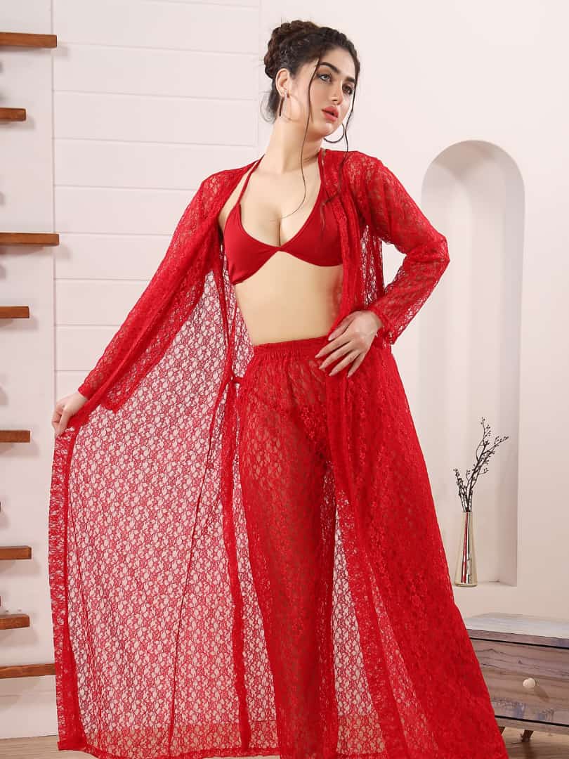 4-Piece Bridal Night Dress Set - Red
